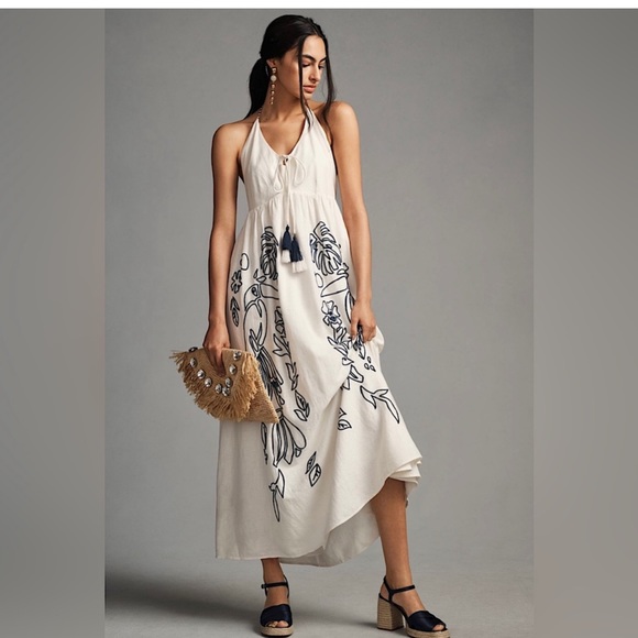 Anthropologie x Farm Rio Embroidered Halter Maxi Dress Linen
Backless White Navy - Picture 6 of 8
